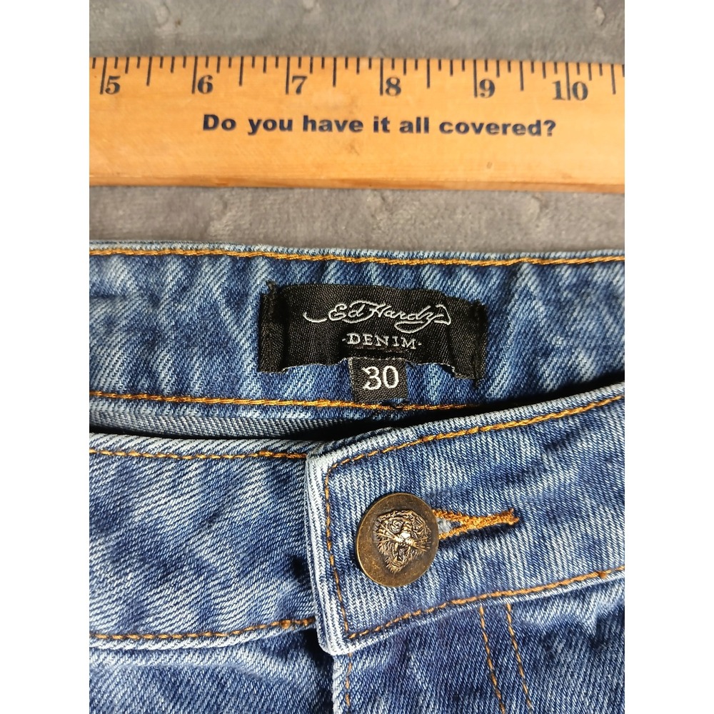 Ed Hardy Wide Leg Jeans Blue Denim Logo Print Y2K Streetwear Mens 30 - Picture 6 of 14